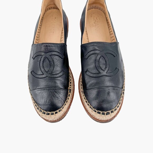 Chanel Black Leather CC Logo Espadrille Flats Size 39 US 8.5 Platform Shoes - Picture 3 of 14